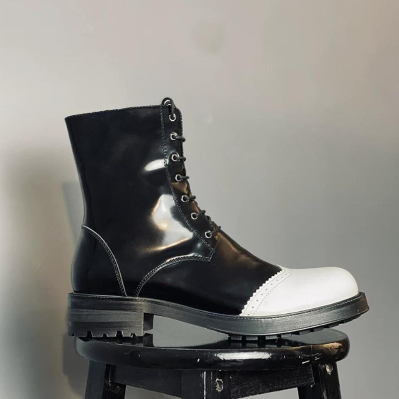 Chelsea Boots Men - Heren zwart-wit lakleren motorlaarzen met vetersluiting,