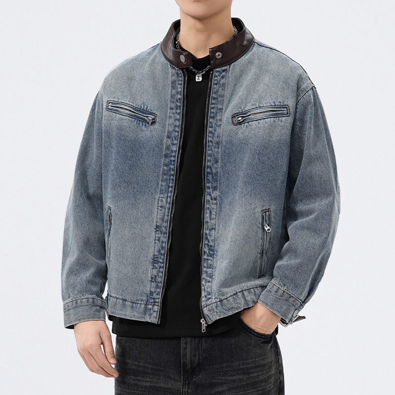 Men'S Fashion Leather Jacket - Stand Leren Kraag Denim Jas Heren