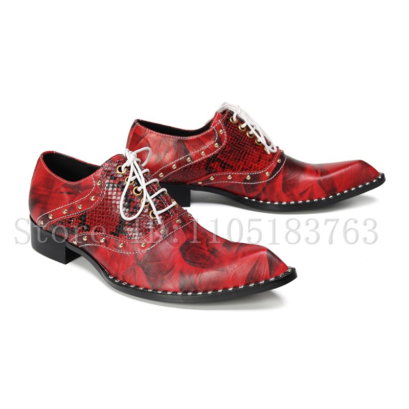 Men'S Fashion Formal - Luxe handgemaakte rode bloemen-snakeskin Oxford schoenen