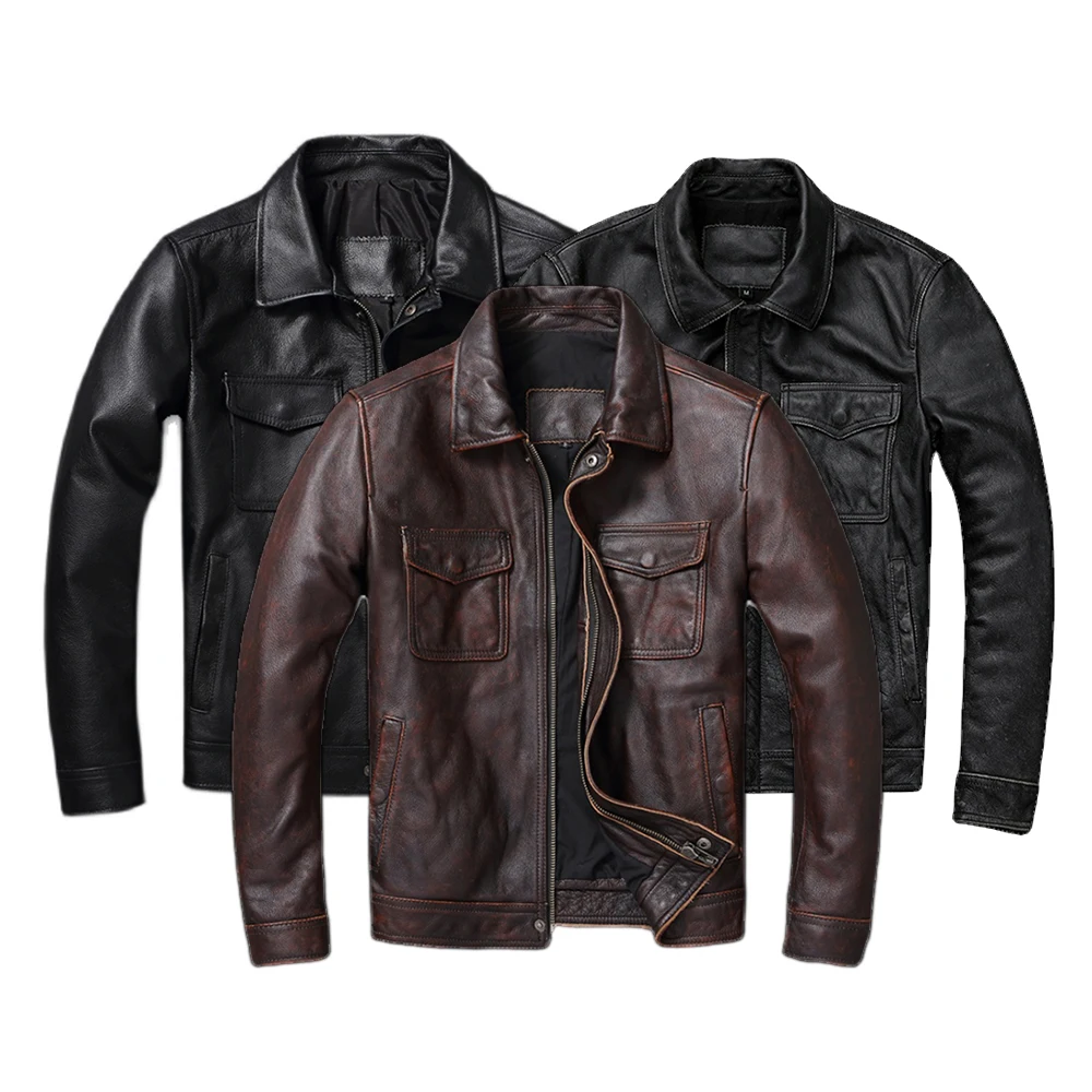 Men'S Fashion Leather Jacket - Vintage Bruin Rood Echt Leren Jack